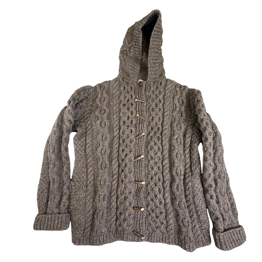 Aran Sweaters Sweater Womens Medium Brown Wool Hooded Cable Knit Cardigan